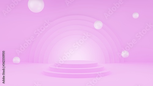 3d illustration. Pink podium minimal, white pearls and pink wall scene. Advertising display space for placing products fashion cosmetics.