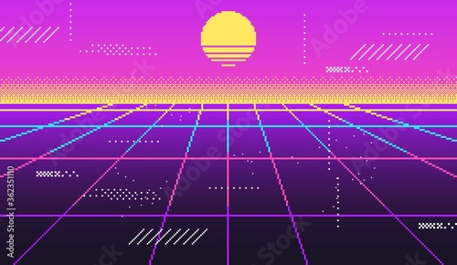 Vaporwave background for disco, virtual trendy, glow vintage retrowave 90s, futuristic neon space. Vector illustration photo