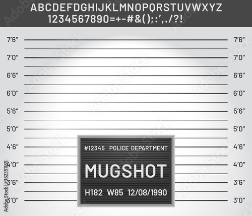 Mugshot template. Police lineup mugshot board with plastic alphabet and signs for criminals photo vector illustration. Criminal height wall, suspect and danger photo