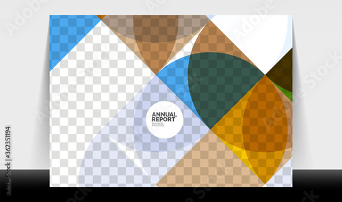 Horizontal A4 business flyer annual report template, circles and triangle style shapes modern geometric design for brochure layout, magazine or booklet