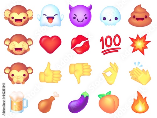 Emoji icons. Cute smiley, emoticons happy and angry face, comic turd. Eggplant, monkey collection, hand and kiss lips social chat vector set. Emoji smiley angry, eggplant and apricot illustration