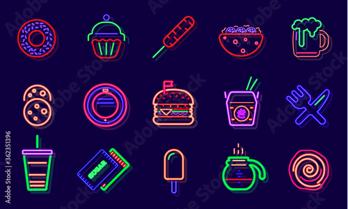 Streetfood Fast Food Drink Neon Sign. Fastfood Restaurant, Burger Cafe or Pizzeria Design. Glowing light signboard. Vector.