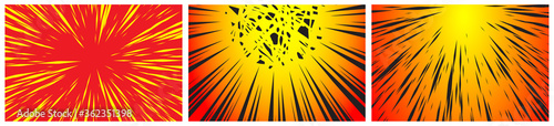 Set of 3 Hyper Speed Warp Sun Rays or Explosions. Boom for Comic Books. Radial Background. Vector.