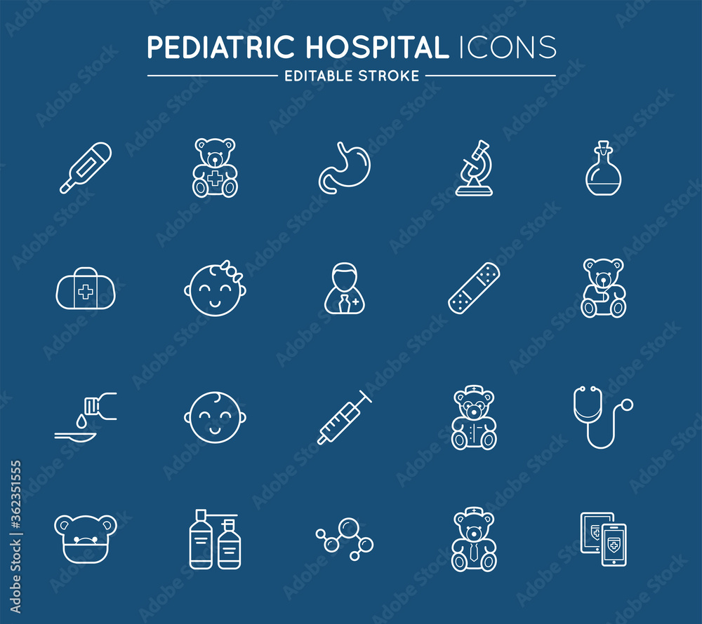 Outline icons set. Pediatric hospital clinic and medical care. Editable stroke. Vector.