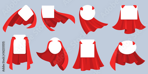 Red hero cape label. White empty badges with super hero, power man cloak. Cartoon vector mockup for kids product advertising. Super cloak hero for discount banner, child fashion mantle illustration photo