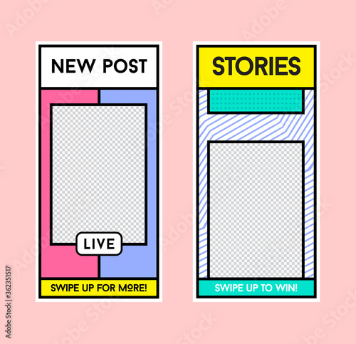 Stories Template in Memphis Retro Style. Background Banner Template. Landing Page, Mobile App, Poster, Smartphone Template. Vector.
