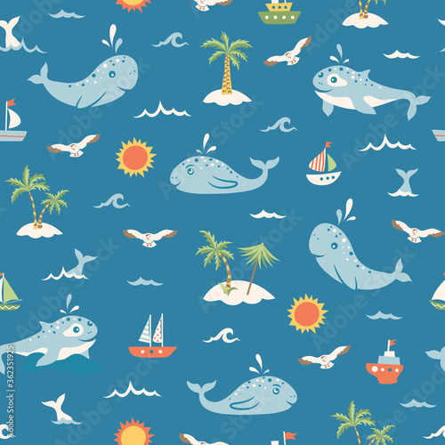 Sea summer seamless pattern with cute whales, palm trees, ships, seagulls and sun on blue background 