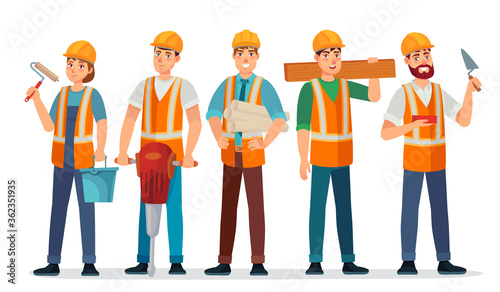Professional builders team. Contractor in helmet, builder engineer and workers people cartoon vector illustration. Contractor and builder, construction engineer occupation