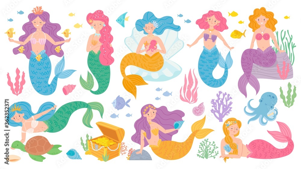 Cute mermaids. Fairytale underwater princess, mythological sea creatures, dolphins, treasure chest. Magic kids world vector game characters. Fairytale underwater, sea mermaid fantasy illustration