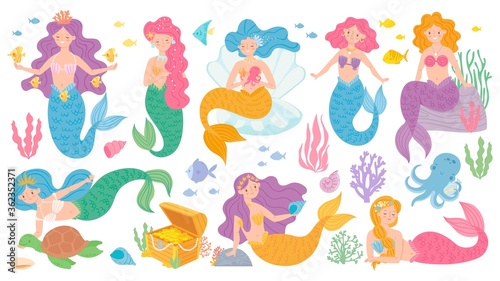 Cute mermaids. Fairytale underwater princess  mythological sea creatures  dolphins  treasure chest. Magic kids world vector game characters. Fairytale underwater  sea mermaid fantasy illustration