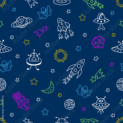 Outer space seamless pattern with aliens, UFO, moon, flying spacecraft, rockets, planets, galaxies, stars and comets. Universe cartoon background in bright colors 