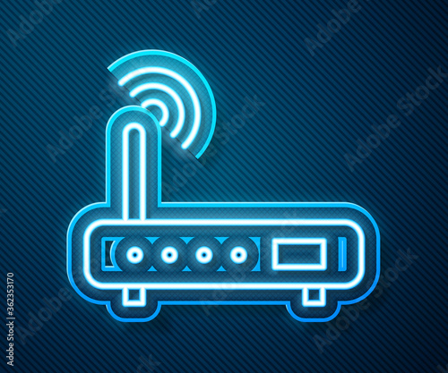 Glowing neon line Router and wi-fi signal icon isolated on blue background. Wireless ethernet modem router. Computer technology internet. Vector Illustration.