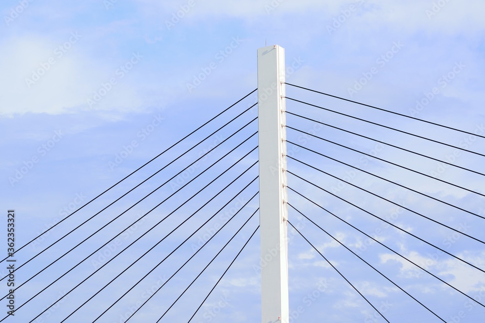 Architecture details of strong suspension bridge in blue sky background