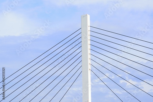 Architecture details of strong suspension bridge in blue sky background