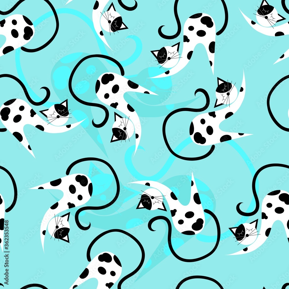 Cute black and white cats on a blue background, vector. Seamless background. The pattern can be applied to fabric, wallpaper or wrapping paper.