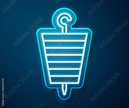 Glowing neon line Grilled shish kebab on skewer stick icon isolated on blue background. Meat kebab on skewer stick. Picnic with grilled meat. Vector Illustration.