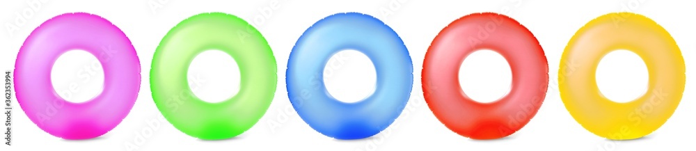 Set with bright inflatable rings on white background, banner design Set with bright inflatable rings on white background, banner design