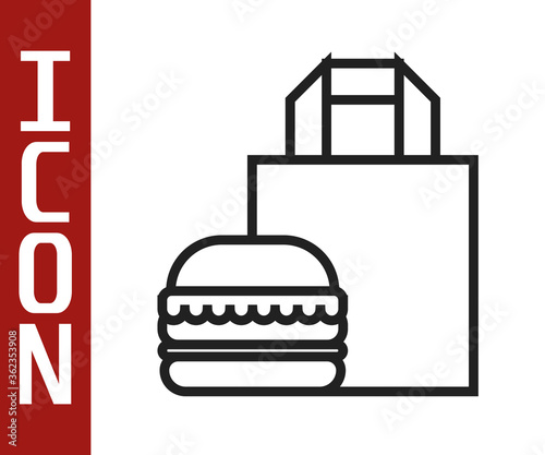 Black line Online ordering and burger delivery icon isolated on white background. Vector Illustration.