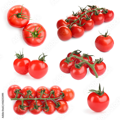 Set with delicious ripe cherry tomatoes on white background