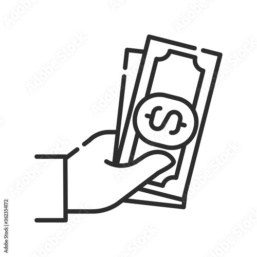 Cash payment black line icon. Hand holds money. Pictogram for web page, mobile app, promo. UI UX GUI design element. Editable stroke.