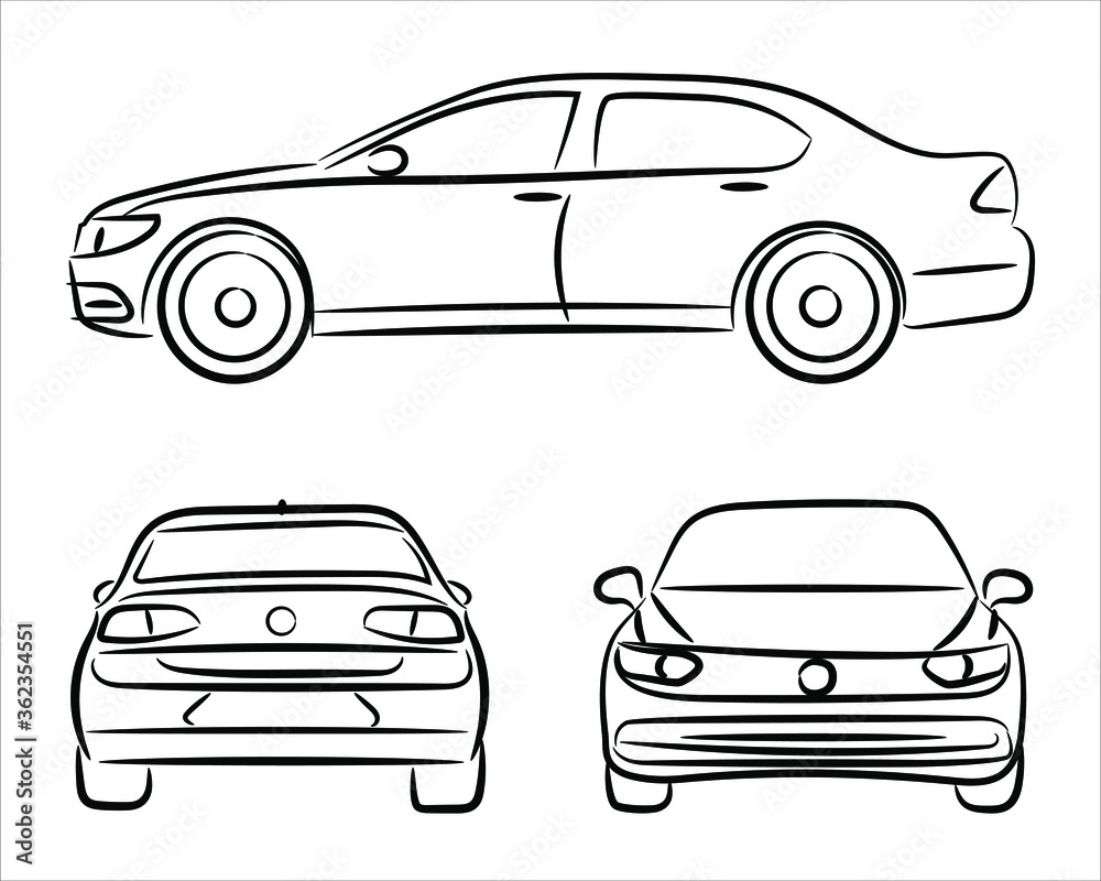 Front, back and side car projection. Flat illustration for designing icons. A hand drawn vector line art of a sedan car.