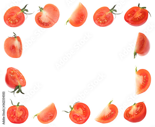 Fototapeta Naklejka Na Ścianę i Meble -  Frame of delicious ripe cherry tomatoes on white background