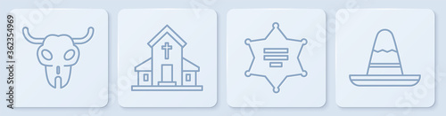 Set line Buffalo skull, Hexagram sheriff, Church building and Mexican sombrero hat. White square button. Vector.