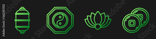 Set line Lotus flower, Chinese paper lantern, Yin Yang and Chinese Yuan currency. Gradient color icons. Vector.
