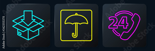 Set line Cardboard box with traffic symbol, Telephone 24 hours support and Umbrella. Black square button. Vector.