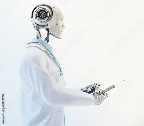 Humanoid robot doctor with stethoscope wears medical gown and tie holding tablet in side 3d render / Robotic doctor  photo