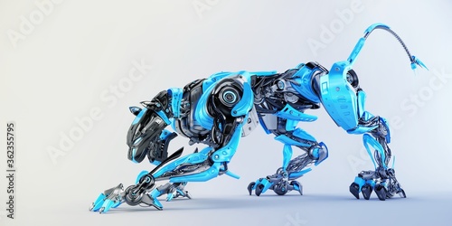 Blue-grey robot panther hunting, 3d rendering