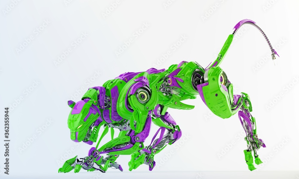 Fototapeta premium Toxic green-violet robot panther hunting, 3d rendering