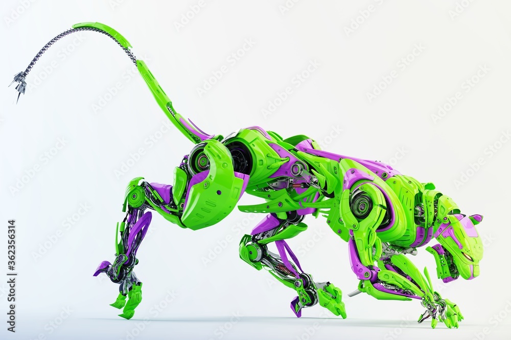 Fototapeta premium Toxic green-violet robot panther hunting, 3d rendering