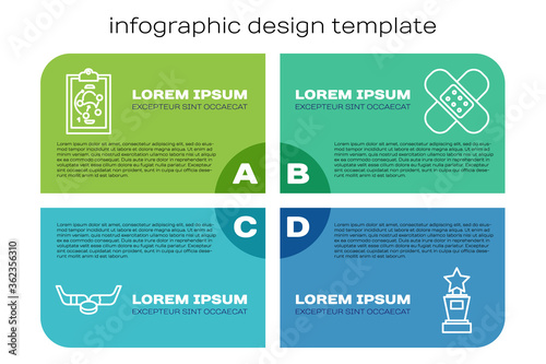 Set line Ice hockey sticks and puck, Planning strategy, Award cup and Crossed bandage plaster. Business infographic template. Vector.