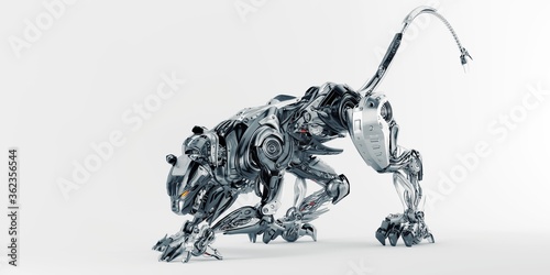 Steel robot panther hunting, 3d rendering
