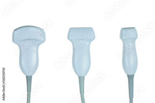 isolated curvilinear or abdominal, cardiac or phased array, and linear transduceron the white background. ultrasound probe and medical equipment concept photo