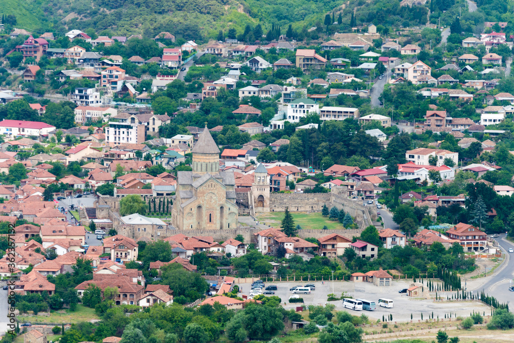 Holy city of Mtskheta view from Jvari Monastery in Mtskheta, Mtskheta-Mtianeti, Georgia. It is part of the World Heritage Site - Historical Monuments of Mtskheta.