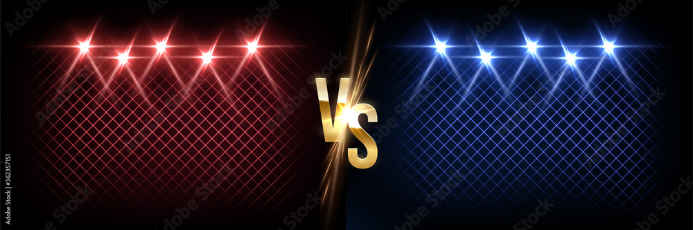 Fototapeta Battle vector banner concept. Girls and boys competition illustration with glowing versus symbol and spotlights. Night club event promotion. MMA, wrestling, boxing fight poster
