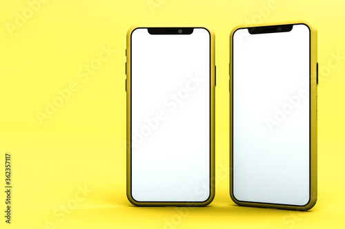 3D Rendering of technology and business concept. Smartphones with blank screen on yellow background. Copy space.