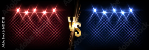 Battle vector banner concept. Girls and boys competition illustration with glowing versus symbol and spotlights. Night club event promotion. MMA, wrestling, boxing fight poster
