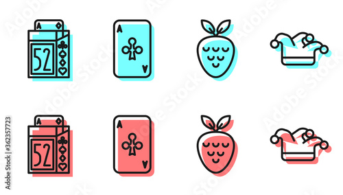 Set line Casino slot machine with strawberry, Deck of playing cards, Playing card with clubs and Joker playing card icon. Vector.