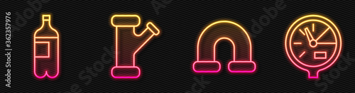 Set line Industry metallic pipe, Bottle of water, Industry metallic pipe and Water meter. Glowing neon icon. Vector.