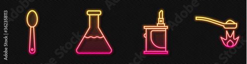 Set line Electronic cigarette, Heroin in a spoon, Test tube and flask and Heroin in a spoon. Glowing neon icon. Vector.