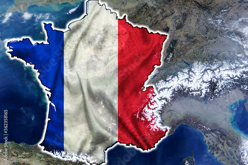 Fototapeta Naklejka Na Ścianę i Meble -  Map of France, view from space with embedded national flag. Image elements courtesy of NASA. 3D illustration