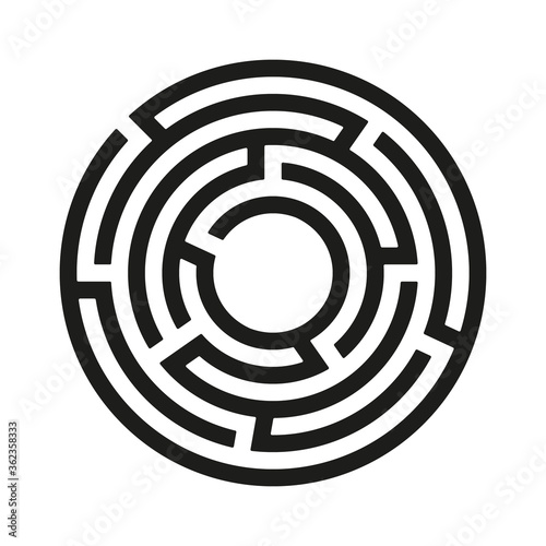 Black circle vector maze isolated on white background. Black round labyrinth with one entrance and target. Vector maze icon. Labyrinth symbol. Circle puzzle with one solution photo