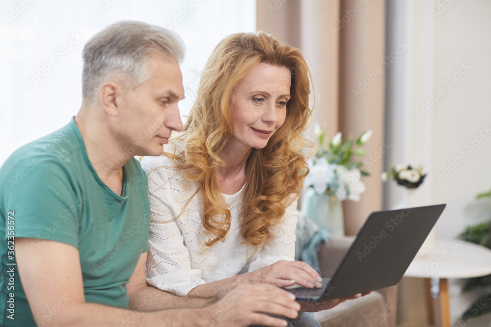 Side view portrait of modern mature couple using laptop together while sitting on couch in home interior, copy space Side view portrait of modern mature couple using laptop together while sitting on couch in home interior, copy space