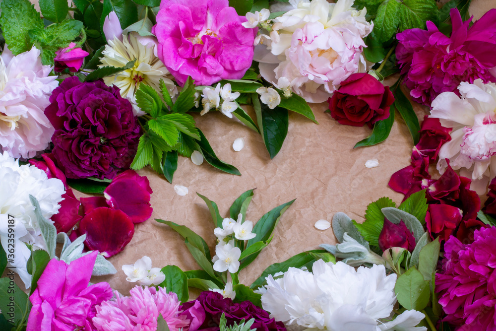 bouquet of flowers from peonies, roses, jasmine and wild herbs bouquet of flowers from peonies, roses, jasmine and wild herbs