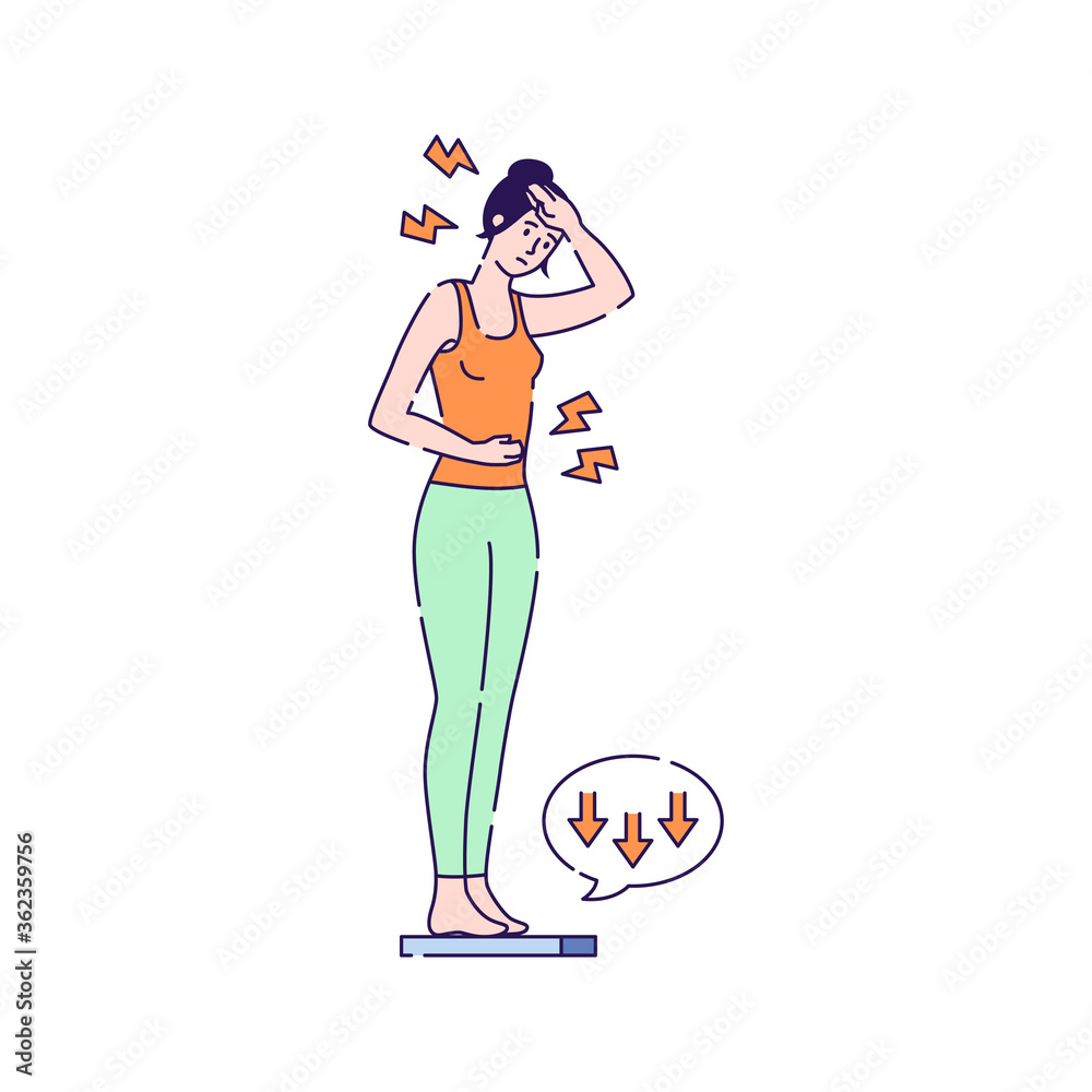 Female is standing on the scales vector illustration. Lose weight. Cancer symptom. Isolated cartoon characters on a white background