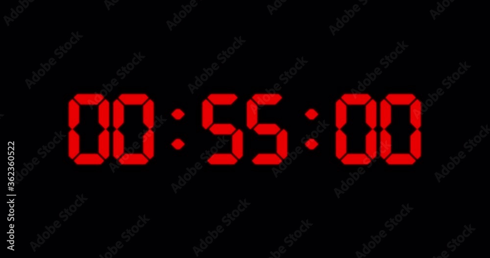 One minute countdown timer of glowing led red digits on black background One minute countdown timer of glowing led red digits on black background
