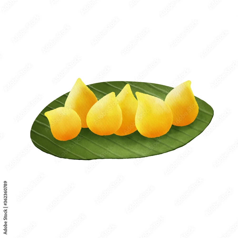 Thai local desserts in banana leaves,Thai style snack watercolor painting
Thai local desserts in banana leaves,Thai style snack watercolor painting